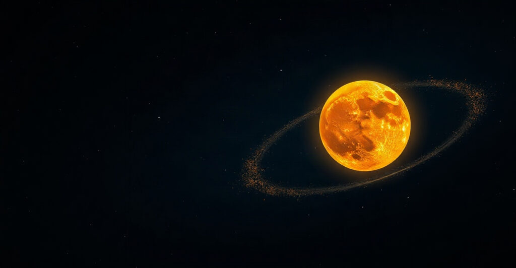 The planet Mercury glowing amber with a backward-curving orbital trail in a starry sky, illustrating Mercury retrograde meaning