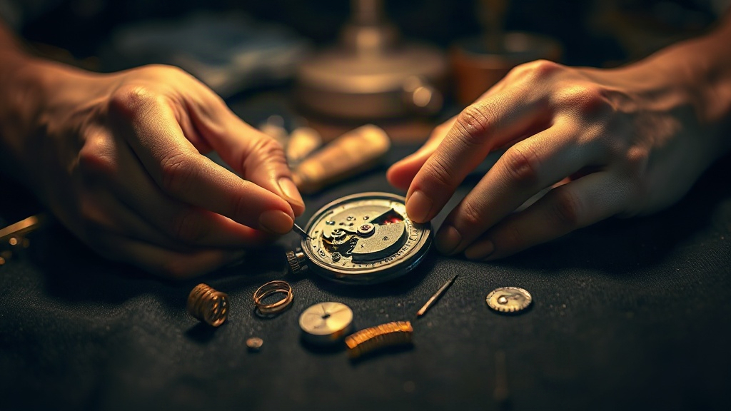 Mercury Retrograde Rituals Hands repairing a watch mechanism with fine tools on velvet, the repair-and-review energy of Mercury retrograde