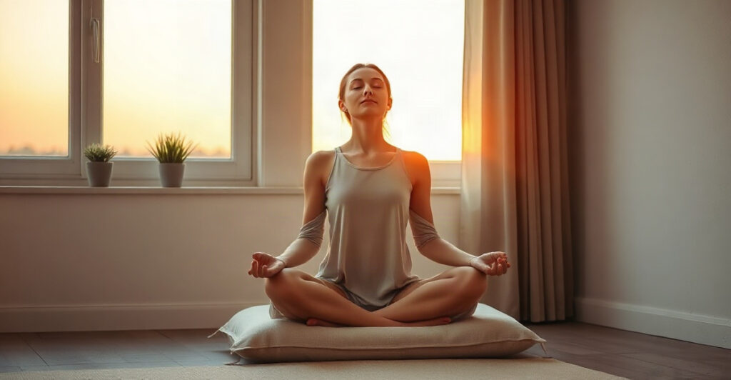 Woman meditating by a sunlit window at sunrise, practicing mindfulness meditation for anxiety in a calm quiet room