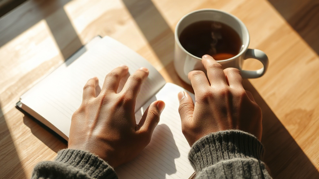 Open journal and warm tea on a sunlit desk, a simple morning setup for a 5 minute meditation for anxiety