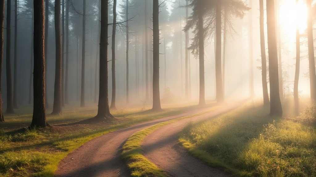 Sunlight through morning mist on a quiet forest path, a calm setting that supports mindfulness meditation for anxious thoughts