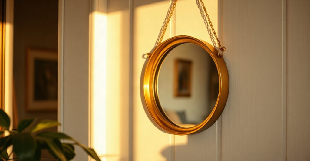 A small round protection mirror hanging beside a front door for mirror magic