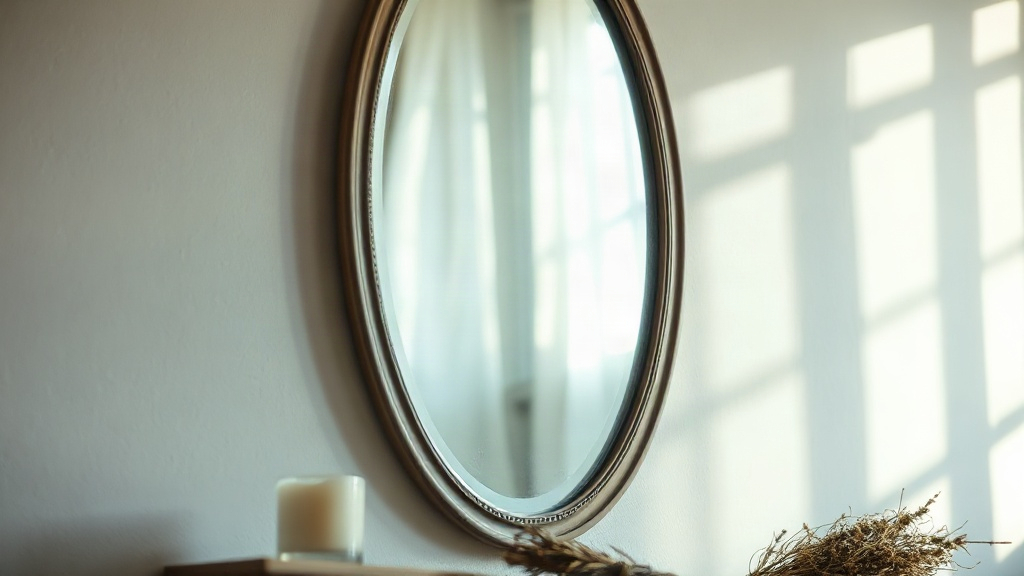 Protection Mirror Placement A vintage oval mirror positioned for mirror protection magic near a candle and dried herbs