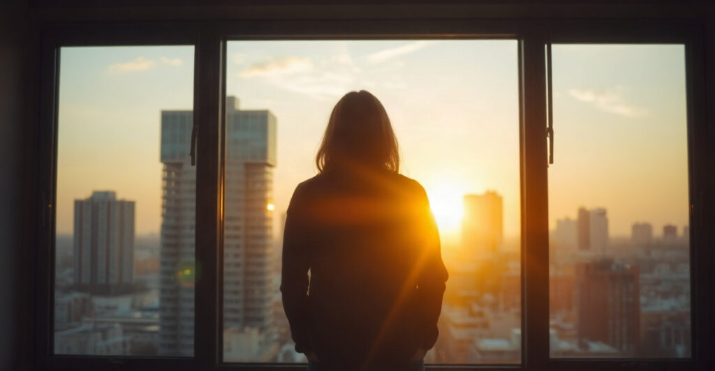 A person standing calmly at a dawn window over a quiet city, evoking Neville Goddard At Your Command