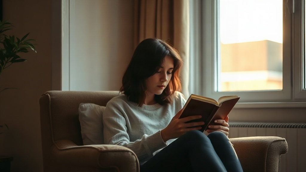 A person reading a small book in an armchair, studying the law of assumption taught by Neville Goddard