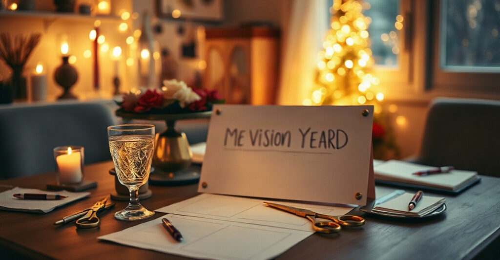 A half-finished New Year vision board on a candlelit table with fairy lights and sparkling drinks
