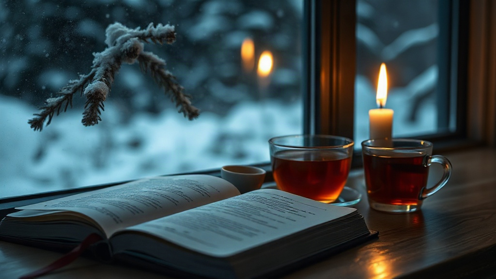 Year in Review Journaling An open journal, tea and candle on a winter evening, the year-in-review step of a New Year vision board