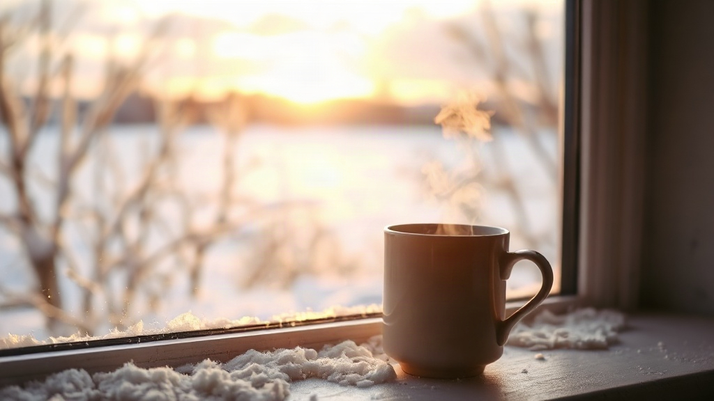 Fresh Start Morning A golden January sunrise through a bright window with a steaming mug, a fresh start for the new year