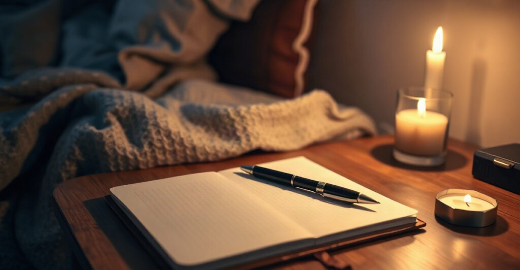 A journal and candle on a nightstand in warm lamplight, night journaling prompts before sleep