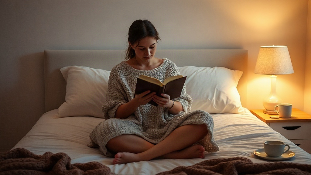 Journaling on a bed wrapped in a blanket by lamplight, honestly reviewing the day