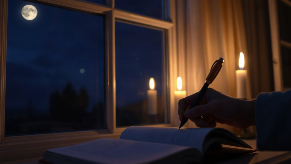 A hand writing tomorrow's intention in a journal under a starry night window