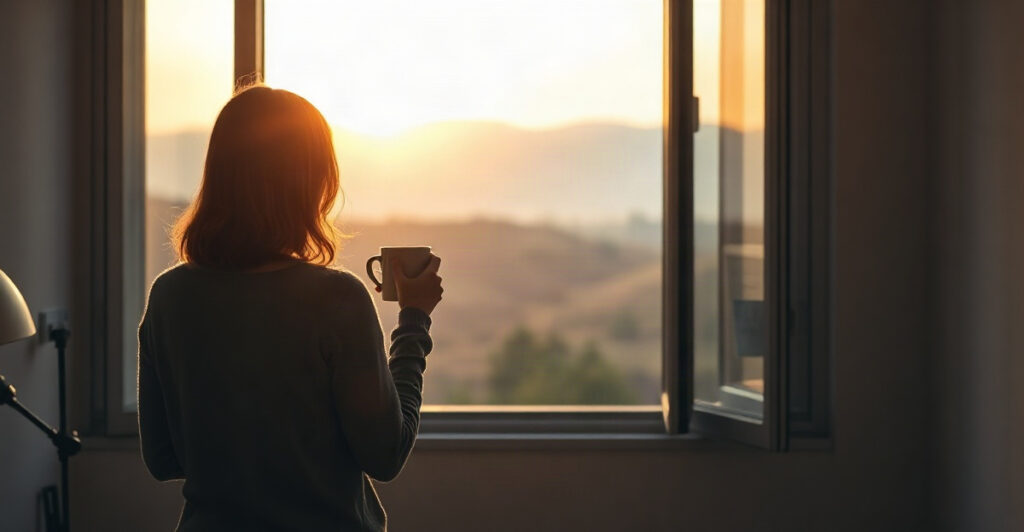 Woman standing at a sunrise window with a warm mug, starting a powerful daily affirmations practice
