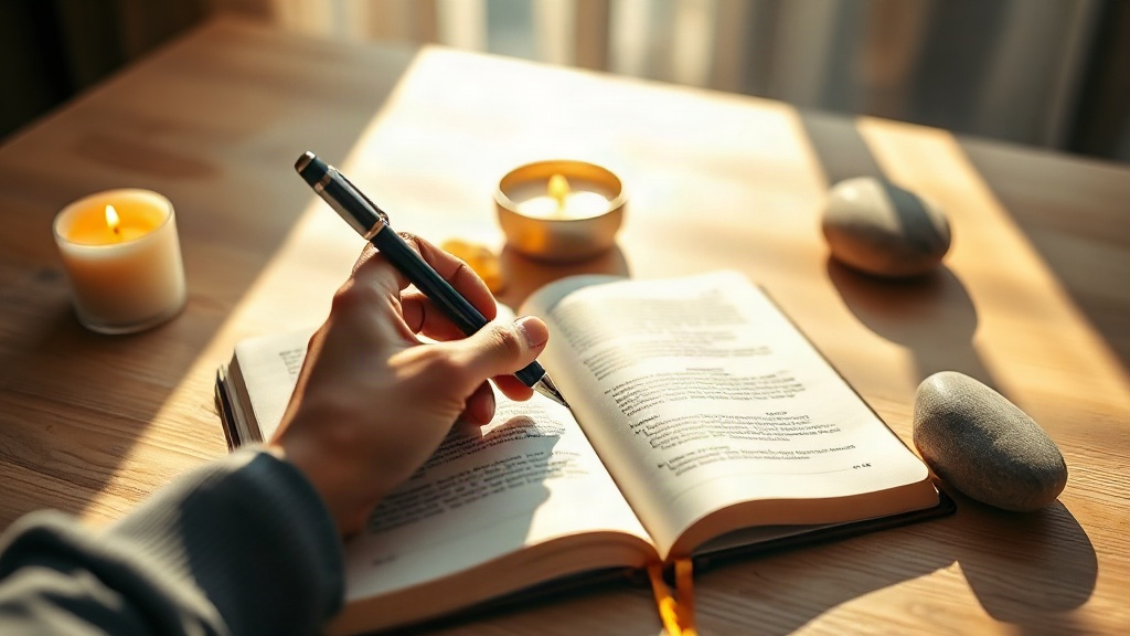 Hands writing daily affirmation practice lines in a journal beside a lit candle in morning light