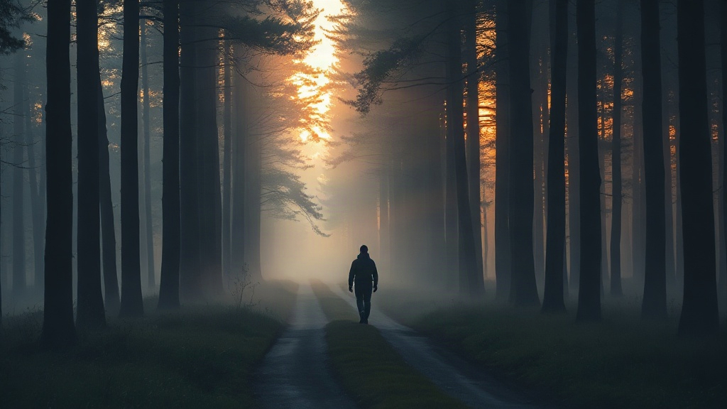 Lone figure walking a misty golden-hour forest path, a morning affirmation for positive energy in motion