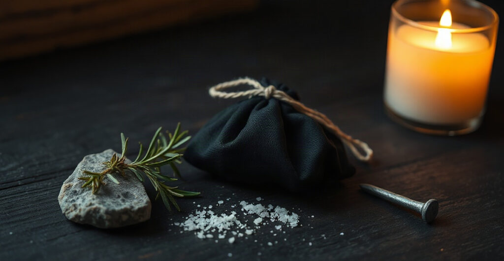 A protection charm bag with black tourmaline, rosemary, salt and iron laid out on dark wood
