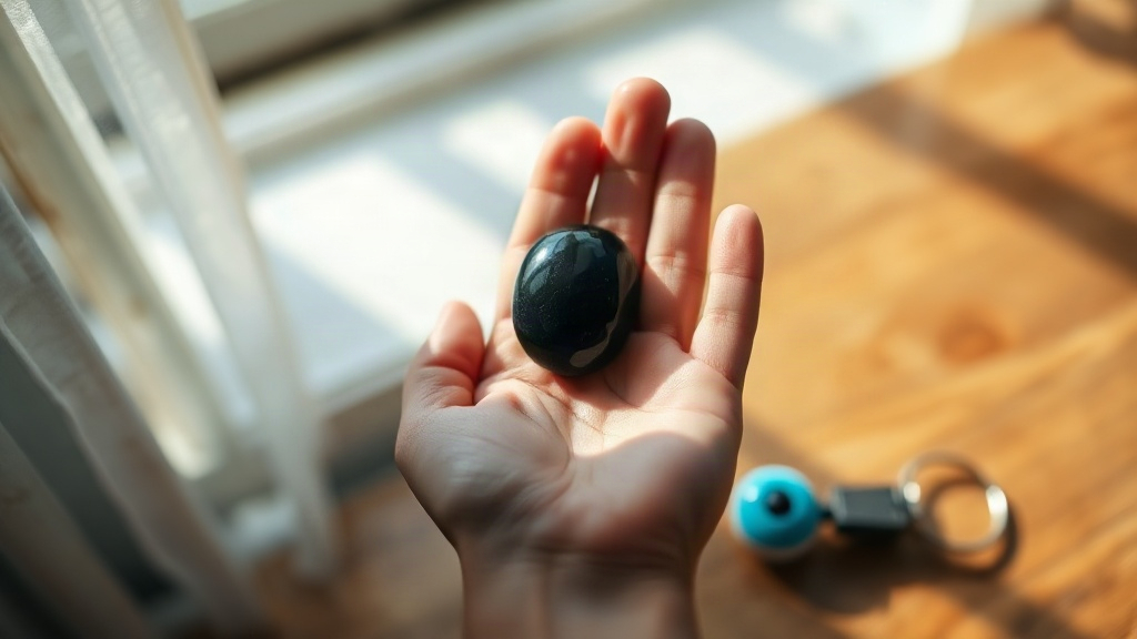 A hand holding black tourmaline, a common amulet for spiritual protection, near a window
