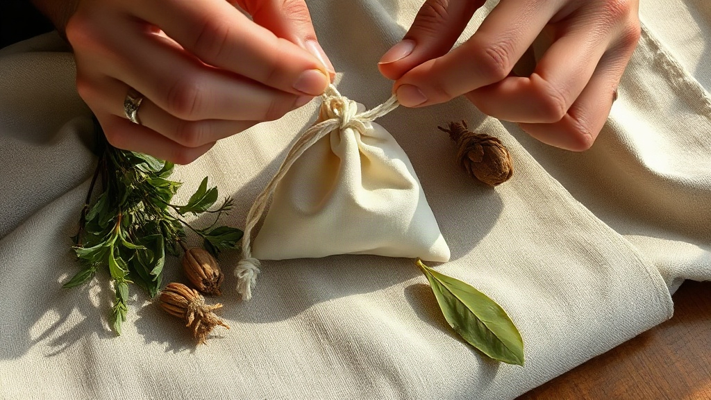 Hands tying knots to seal a protection charm bag filled with herbs and a bay leaf