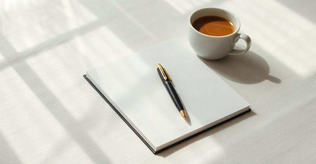 An open blank notebook and pen in morning light, for writing out law of attraction quotes