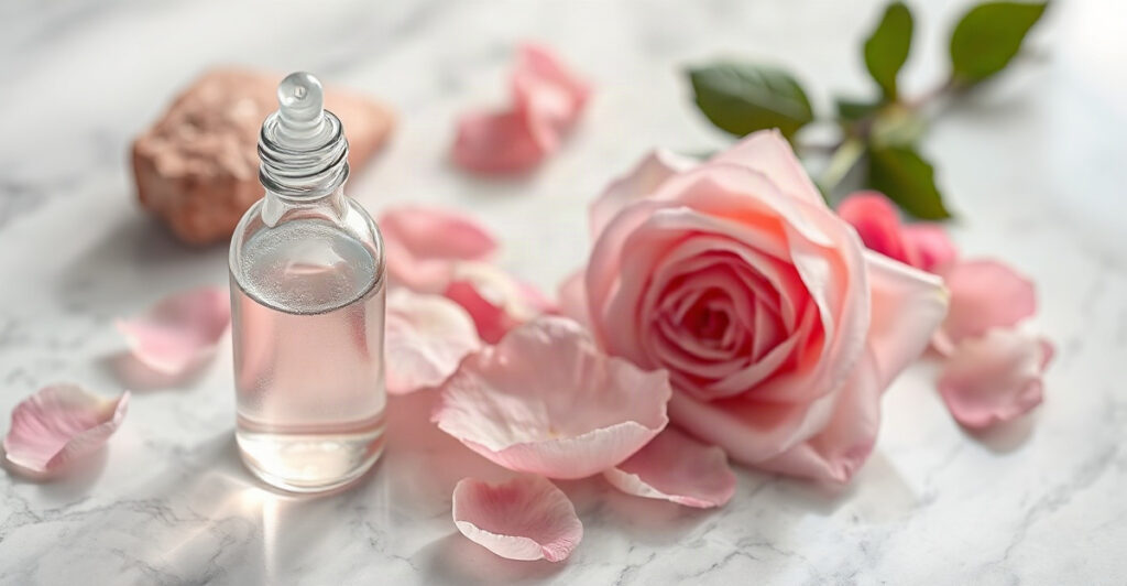 A bottle of rose water with fresh petals and rose quartz used for rose water manifestation magic