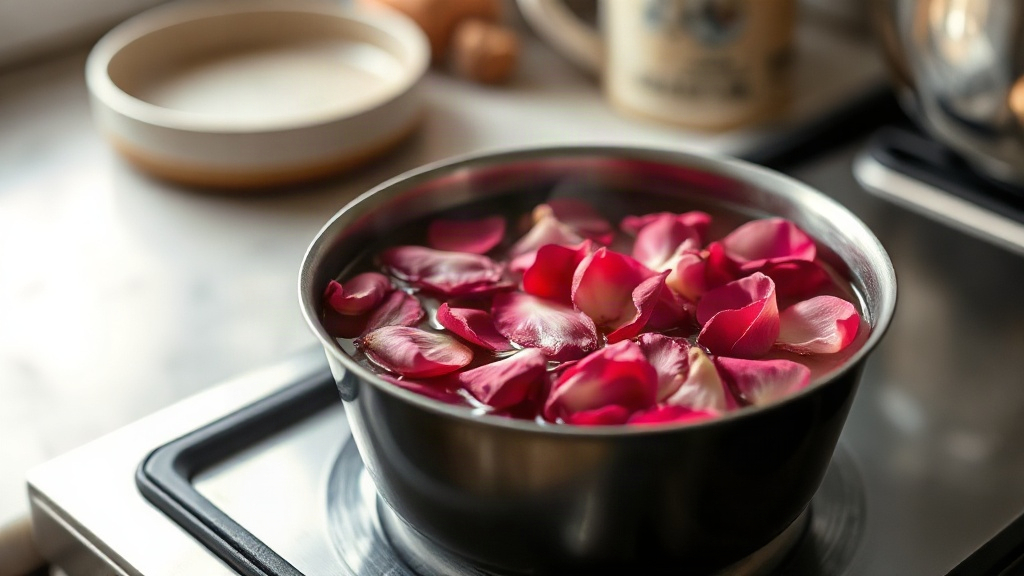 Rose petals simmering in water on the stove while making homemade rose water