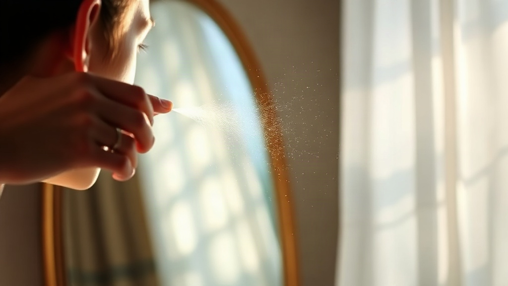 A hand misting rose water at a mirror during a morning self-love manifestation ritual