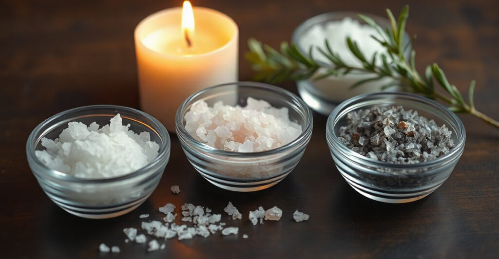 Bowls of sea salt, pink Himalayan salt and black salt used as salts for manifestation and protection