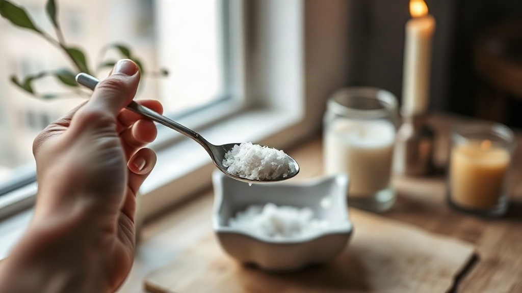 A hand holding a spoon of sea salt while charging it with intention for manifestation