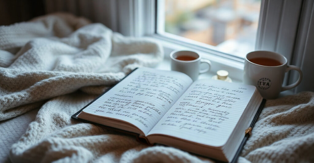 An open journal by a sunlit window used for self-discovery journal prompts