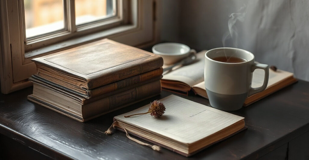 Stack of shadow work books with a journal and tea on a wooden desk in soft morning light