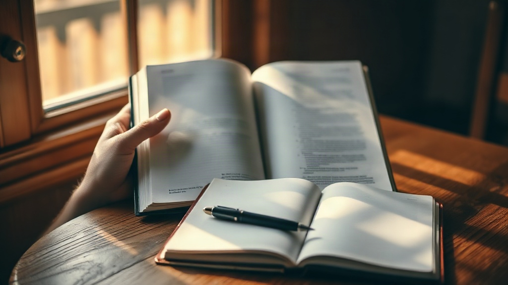 Hands holding an open shadow work book beside a notebook and pen in warm window light