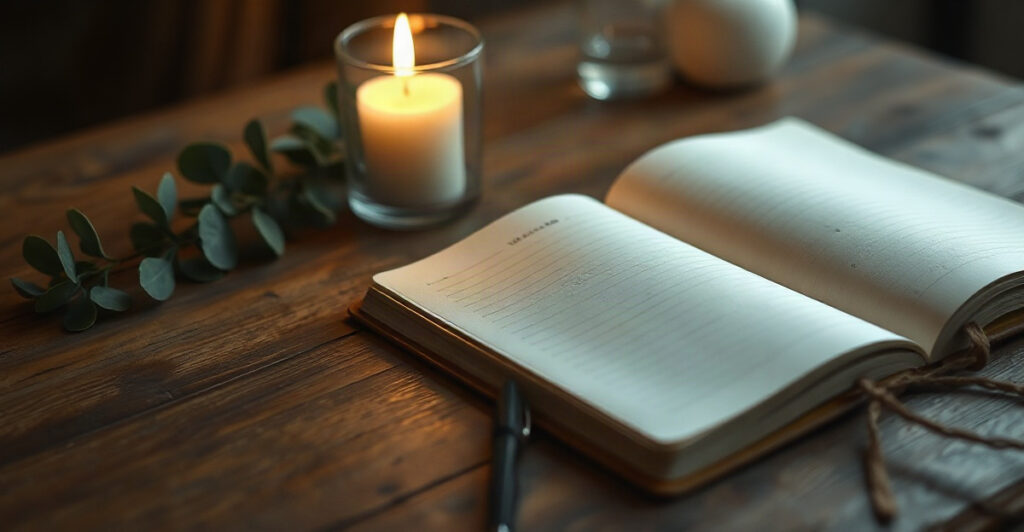 Open shadow work journal and pen beside a lit candle, half in warm light and half in soft shadow on a wooden table