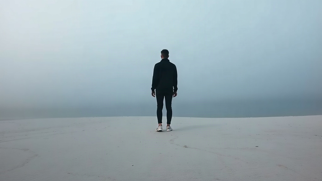 Person seen from behind at a calm lake at dusk with a long shadow stretching across the sand, symbolising the Jungian shadow explored in shadow work