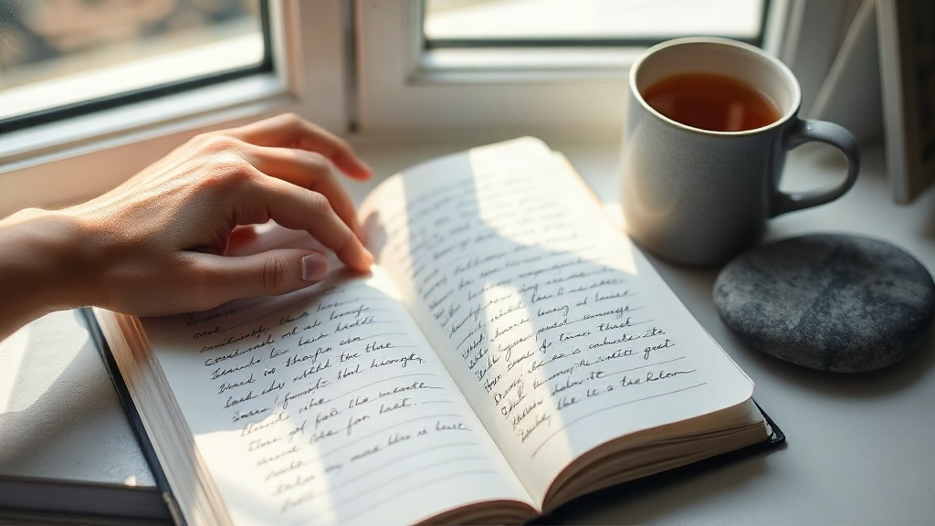 Hands resting on an open notebook by a sunlit window with tea and a smooth stone during a shadow work journal prompts session
