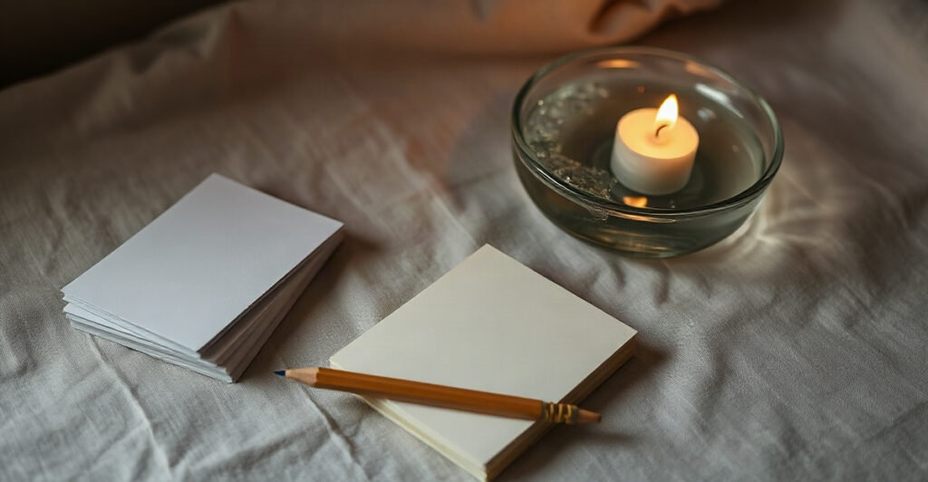 Blank cards and a pencil beside a candle reflected in a bowl of water, set out for an evening of shadow work prompts