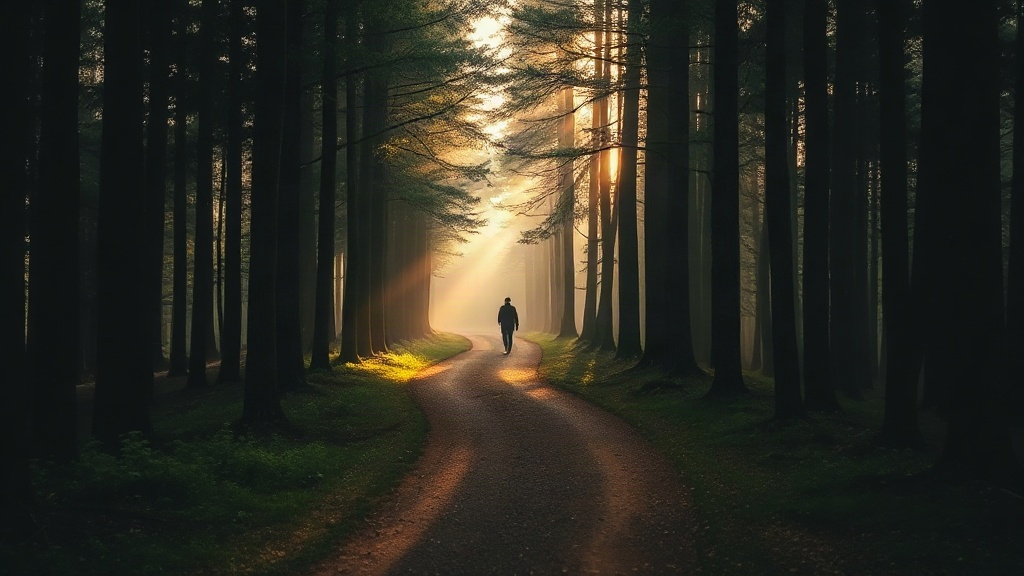 Misty forest path branching into several trails with a distant walker, like choosing a theme for shadow work journal prompts