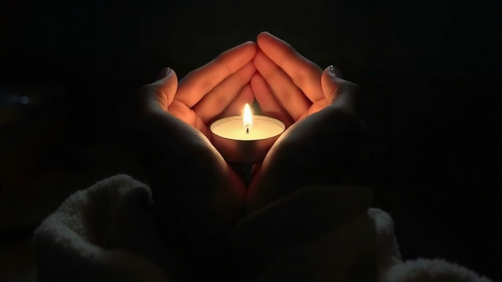 Hands cupping a small glowing candle in a dim room, a gentle image for shadow work prompts about shame and self-compassion
