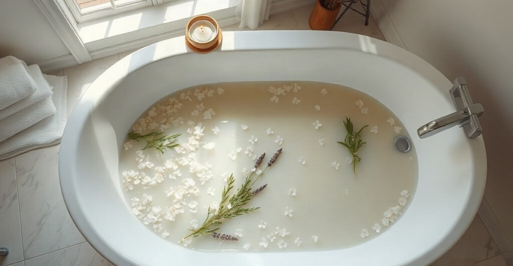 Overhead view of a spiritual bath with sea salt, rosemary and white flower petals floating in warm water to cleanse negative energy