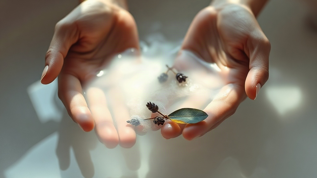 Hands cupping herb-infused bath water during a cleansing bath ritual to release negative energy