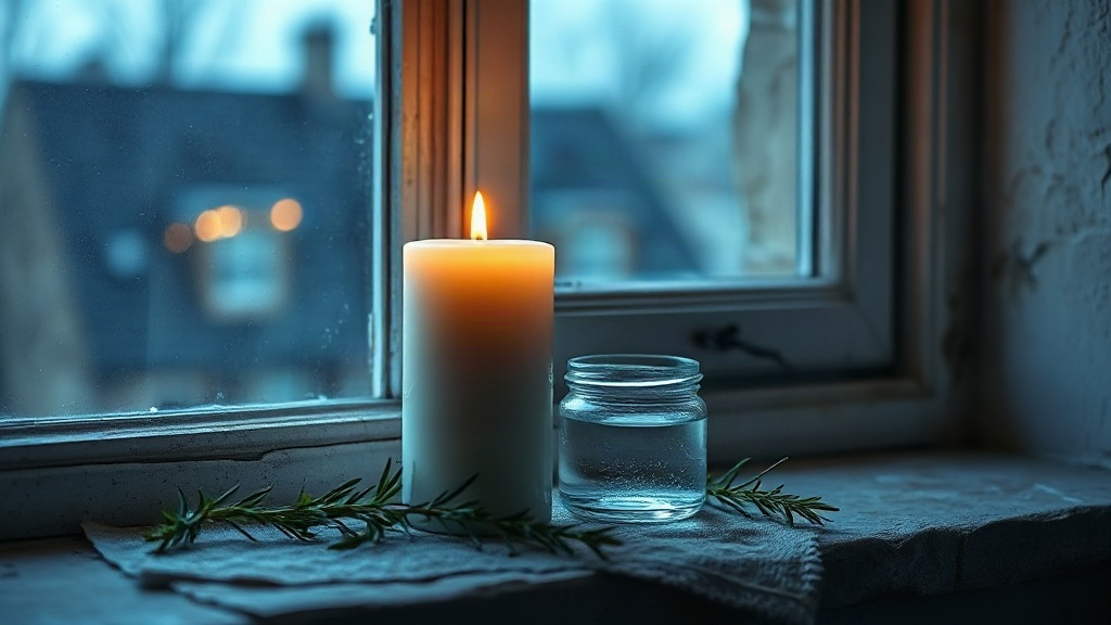 A white candle and a jar of saved bath water on a windowsill, used after a spiritual bath to clear energy blocks