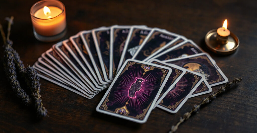 A tarot deck fanned across a wooden table with one card face up beside a lit candle, a calm first setup for anyone learning tarot for beginners