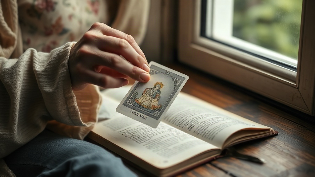 Daily Tarot Card Draw Hands drawing one card from a tarot deck beside an open notebook, the simple daily draw practice in how to read tarot cards