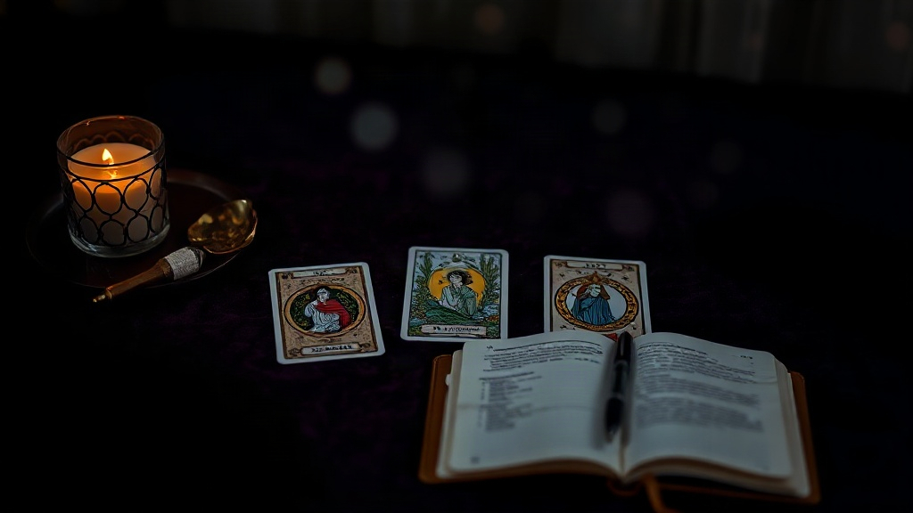 Three Card Tarot Spread A three-card tarot spread on violet velvet beside an open handwritten journal, the classic beginner tarot spread for past, present and future