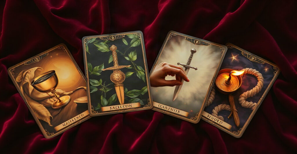 Four tarot cards showing a chalice, a coin, a sword and a wand on velvet, illustrating the four tarot suits explained
