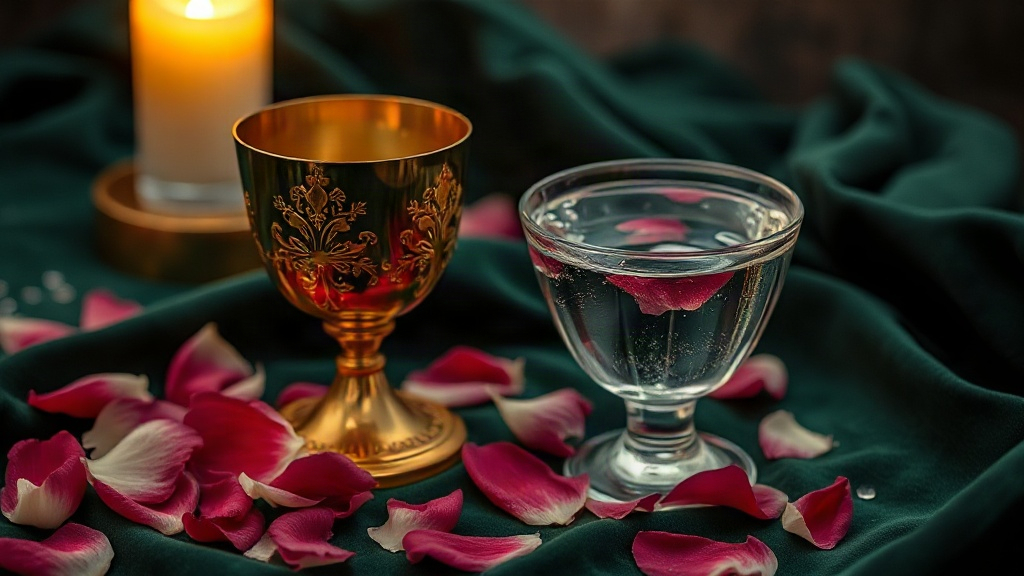 Suit of Cups Meaning A golden chalice overflowing with water on velvet, the suit of Cups meaning love and emotion in tarot