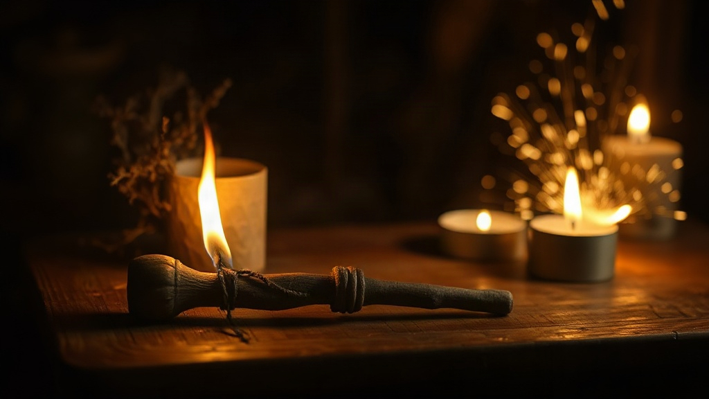 Suit of Wands Meaning A wooden wand with a small flame on a rustic table, the suit of Wands meaning passion and action in tarot