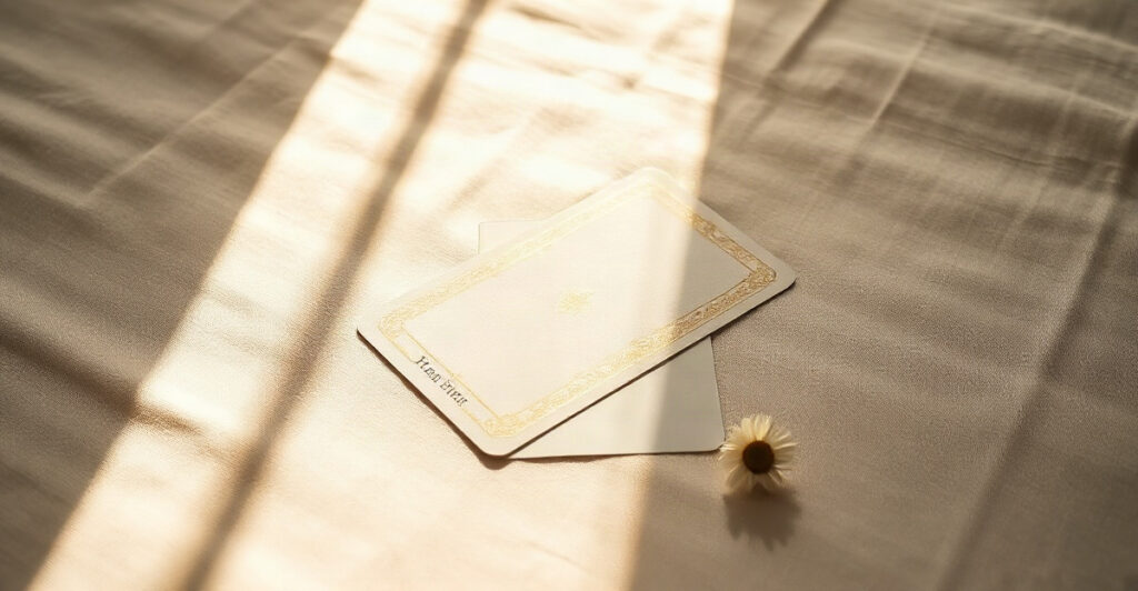 A single tarot card lying in golden sunlight on cream linen, the classic setup for a tarot yes or no reading