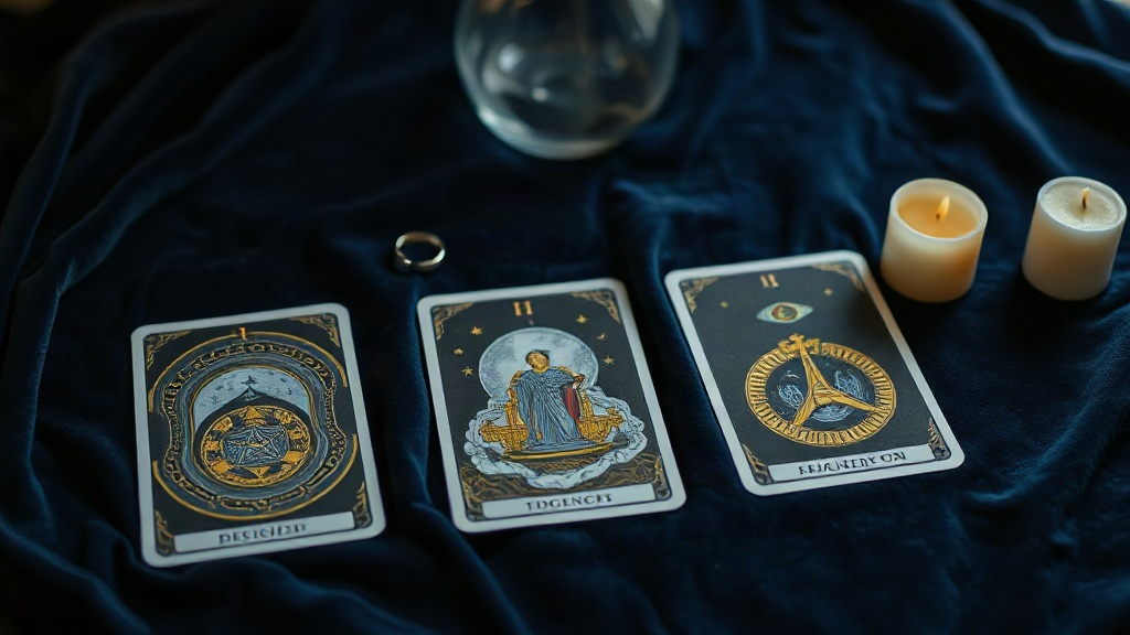 Yes No Maybe Tarot Cards Three tarot cards on indigo velvet with a lit candle, weighing yes, no and not-yet answers in a one-card tarot decision