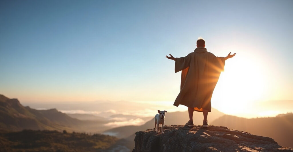 A cloaked traveler with a small white dog standing at a sunlit cliff edge at dawn, the classic imagery of The Fool tarot card meaning
