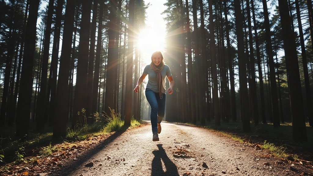 The Fool New Beginnings A person joyfully stepping onto a sunlit forest path that curves out of sight, the fresh-start energy of The Fool tarot card upright