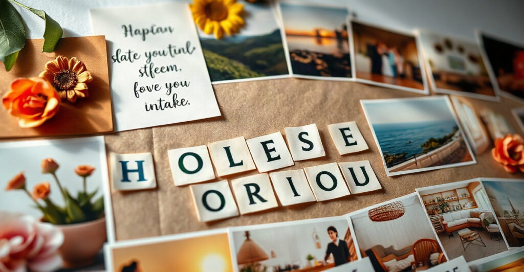 A handmade vision board with bold cut-out affirmation words among soft images in morning light